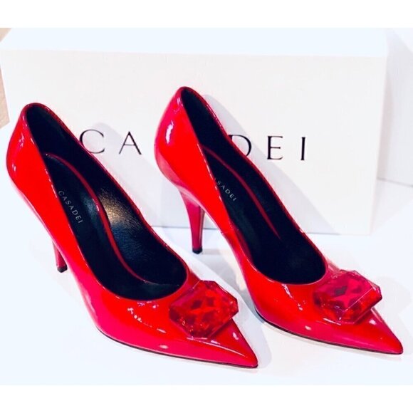 Casadei Red Patent Leather High Heel Pumps 36 Faux Rhinestone Gemstone Detail - Picture 1 of 17